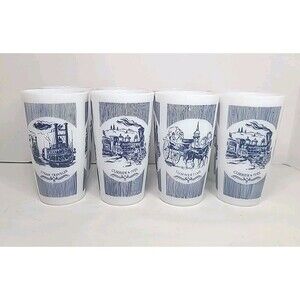 Set Of 8 Vintage Hazel Atlas Currier & Ives Summertime Milk Glass Tumblers 10oz